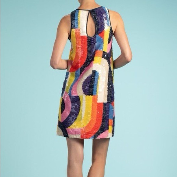 Trina Turk Kaleidoscope Vibrant Sequin Colorblock Sleeveless Shift Retro Disco - Picture 2 of 15